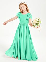 Abiti Damigella Junior In Chiffon Pizzo Maniche A Farfalla Scollo Rotondo Turchese