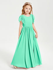 Abiti Damigella Junior In Chiffon Pizzo Maniche A Farfalla Scollo Rotondo Turchese