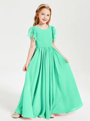 Abiti Damigella Junior In Chiffon Pizzo Maniche A Farfalla Scollo Rotondo Turchese