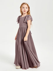 Abiti Damigella Junior In Chiffon Pizzo Maniche A Farfalla Scollo Rotondo Malva Vintage