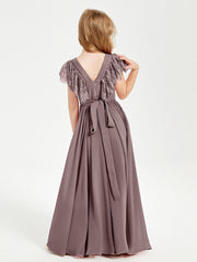 Abiti Damigella Junior In Chiffon Pizzo Maniche A Farfalla Scollo Rotondo Malva Vintage