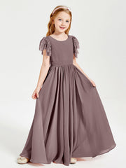 Abiti Damigella Junior In Chiffon Pizzo Maniche A Farfalla Scollo Rotondo Malva Vintage