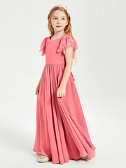 Abiti Damigella Junior In Chiffon Pizzo Maniche A Farfalla Scollo Rotondo Cocomero