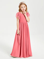 Abiti Damigella Junior In Chiffon Pizzo Maniche A Farfalla Scollo Rotondo Cocomero