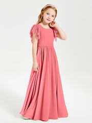 Abiti Damigella Junior In Chiffon Pizzo Maniche A Farfalla Scollo Rotondo Cocomero