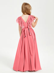 Abiti Damigella Junior In Chiffon Pizzo Maniche A Farfalla Scollo Rotondo Cocomero