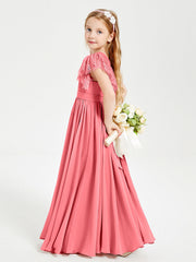 Abiti Damigella Junior In Chiffon Pizzo Maniche A Farfalla Scollo Rotondo Cocomero