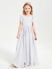 Abiti Damigella Junior In Chiffon Pizzo Maniche A Farfalla Scollo Rotondo Bianco