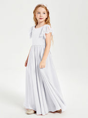 Abiti Damigella Junior In Chiffon Pizzo Maniche A Farfalla Scollo Rotondo Bianco