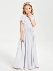 Abiti Damigella Junior In Chiffon Pizzo Maniche A Farfalla Scollo Rotondo Bianco