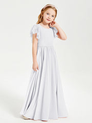 Abiti Damigella Junior In Chiffon Pizzo Maniche A Farfalla Scollo Rotondo Bianco
