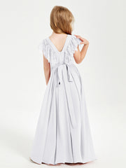 Abiti Damigella Junior In Chiffon Pizzo Maniche A Farfalla Scollo Rotondo Bianco