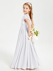 Abiti Damigella Junior In Chiffon Pizzo Maniche A Farfalla Scollo Rotondo Bianco