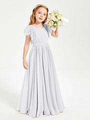 Abiti Damigella Junior In Chiffon Pizzo Maniche A Farfalla Scollo Rotondo Bianco