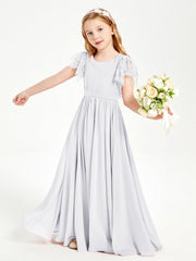 Abiti Damigella Junior In Chiffon Pizzo Maniche A Farfalla Scollo Rotondo Bianco