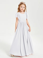 Abiti Damigella Junior In Chiffon Pizzo Maniche A Farfalla Scollo Rotondo Bianco