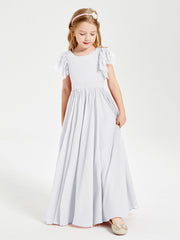 Abiti Damigella Junior In Chiffon Pizzo Maniche A Farfalla Scollo Rotondo Bianco