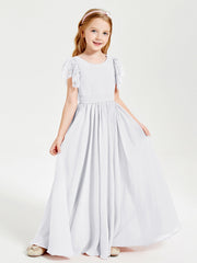 Abiti Damigella Junior In Chiffon Pizzo Maniche A Farfalla Scollo Rotondo Bianco