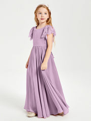 Abiti Damigella Junior In Chiffon Pizzo Maniche A Farfalla Scollo Rotondo Glicine