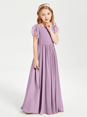 Abiti Damigella Junior In Chiffon Pizzo Maniche A Farfalla Scollo Rotondo Glicine