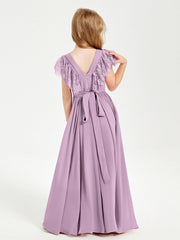Abiti Damigella Junior In Chiffon Pizzo Maniche A Farfalla Scollo Rotondo Glicine
