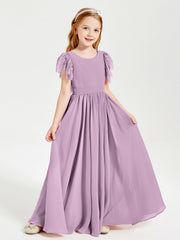Abiti Damigella Junior In Chiffon Pizzo Maniche A Farfalla Scollo Rotondo Glicine