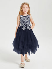 Abiti Damigella Junior In Tulle Lunghezza Al Polpaccio Blu Scuro