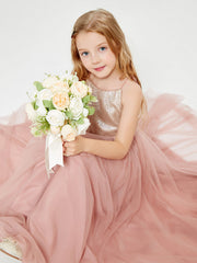 Abito Damigella Junior Lungo Top Con Paillettes Gonna In Tulle Rosa Polvere