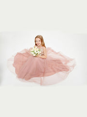 Abito Damigella Junior Lungo Top Con Paillettes Gonna In Tulle Rosa Polvere