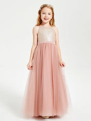 Abito Damigella Junior Lungo Top Con Paillettes Gonna In Tulle Rosa Polvere