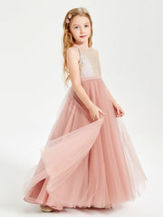 Abito Damigella Junior Lungo Top Con Paillettes Gonna In Tulle Rosa Polvere