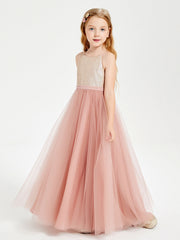 Abito Damigella Junior Lungo Top Con Paillettes Gonna In Tulle Rosa Polvere