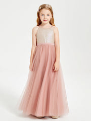 Abito Damigella Junior Lungo Top Con Paillettes Gonna In Tulle Rosa Polvere