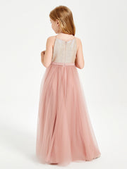 Abito Damigella Junior Lungo Top Con Paillettes Gonna In Tulle Rosa Polvere