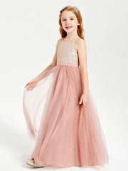 Abito Damigella Junior Lungo Top Con Paillettes Gonna In Tulle Rosa Polvere