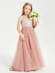 Abito Damigella Junior Lungo Top Con Paillettes Gonna In Tulle Rosa Polvere