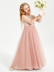 Abito Damigella Junior Lungo Top Con Paillettes Gonna In Tulle Rosa Polvere