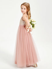 Abito Damigella Junior Lungo Top Con Paillettes Gonna In Tulle Rosa Polvere