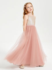 Abito Damigella Junior Lungo Top Con Paillettes Gonna In Tulle Rosa Polvere