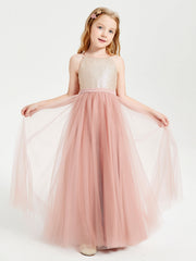 Abito Damigella Junior Lungo Top Con Paillettes Gonna In Tulle Rosa Polvere