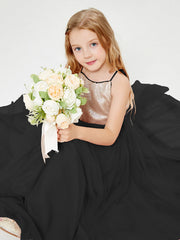 Abito Damigella Junior Lungo Top Con Paillettes Gonna In Tulle Nero