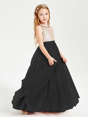 Abito Damigella Junior Lungo Top Con Paillettes Gonna In Tulle Nero