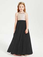 Abito Damigella Junior Lungo Top Con Paillettes Gonna In Tulle Nero