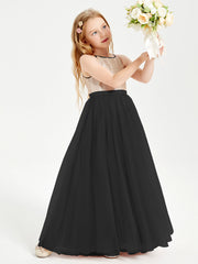 Abito Damigella Junior Lungo Top Con Paillettes Gonna In Tulle Nero