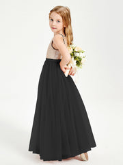 Abito Damigella Junior Lungo Top Con Paillettes Gonna In Tulle Nero