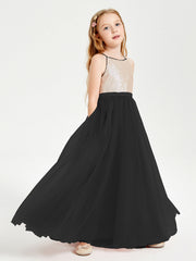 Abito Damigella Junior Lungo Top Con Paillettes Gonna In Tulle Nero