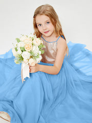 Abito Damigella Junior Lungo Top Con Paillettes Gonna In Tulle Blu