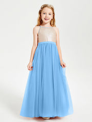 Abito Damigella Junior Lungo Top Con Paillettes Gonna In Tulle Blu