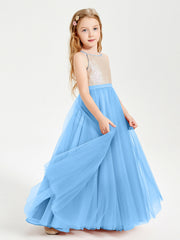 Abito Damigella Junior Lungo Top Con Paillettes Gonna In Tulle Blu