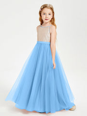 Abito Damigella Junior Lungo Top Con Paillettes Gonna In Tulle Blu